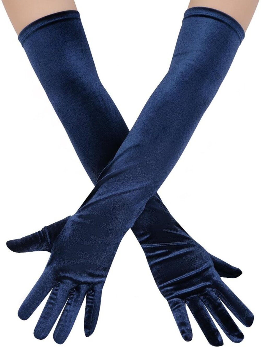 Women's Navy Long Velvet Elbow Length 1920s Flapper Full-finger Opera Gloves